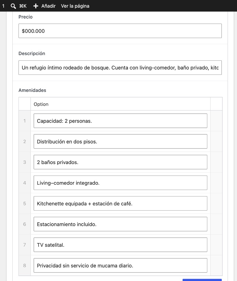 Campos Precio, Descripción y Amenidades de la Cabaña Doble. Amenidades es una lista de ocho filas: Capacidad 2 personas, Distribución en dos pisos, 2 baños privados y otras.