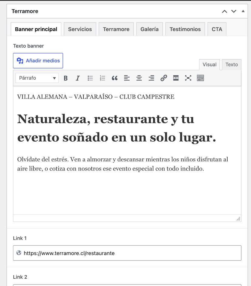 Edición de la página Terramore (Inicio): pestañas Banner principal, Servicios, Terramore, Galería, Testimonios y CTA, con el texto del banner en el editor visual.