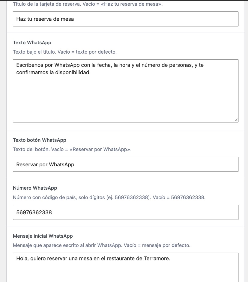Pestaña Reserva de la página Restaurante con los campos Título WhatsApp, Texto WhatsApp, Texto botón WhatsApp, Número WhatsApp y Mensaje inicial WhatsApp.